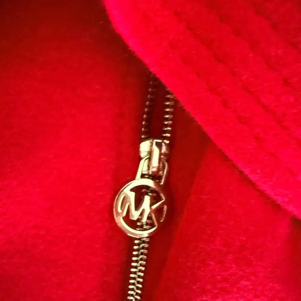 Michael Kors Red Asymmetrical Belted Wool Blend Peacoat with Gold Hardware